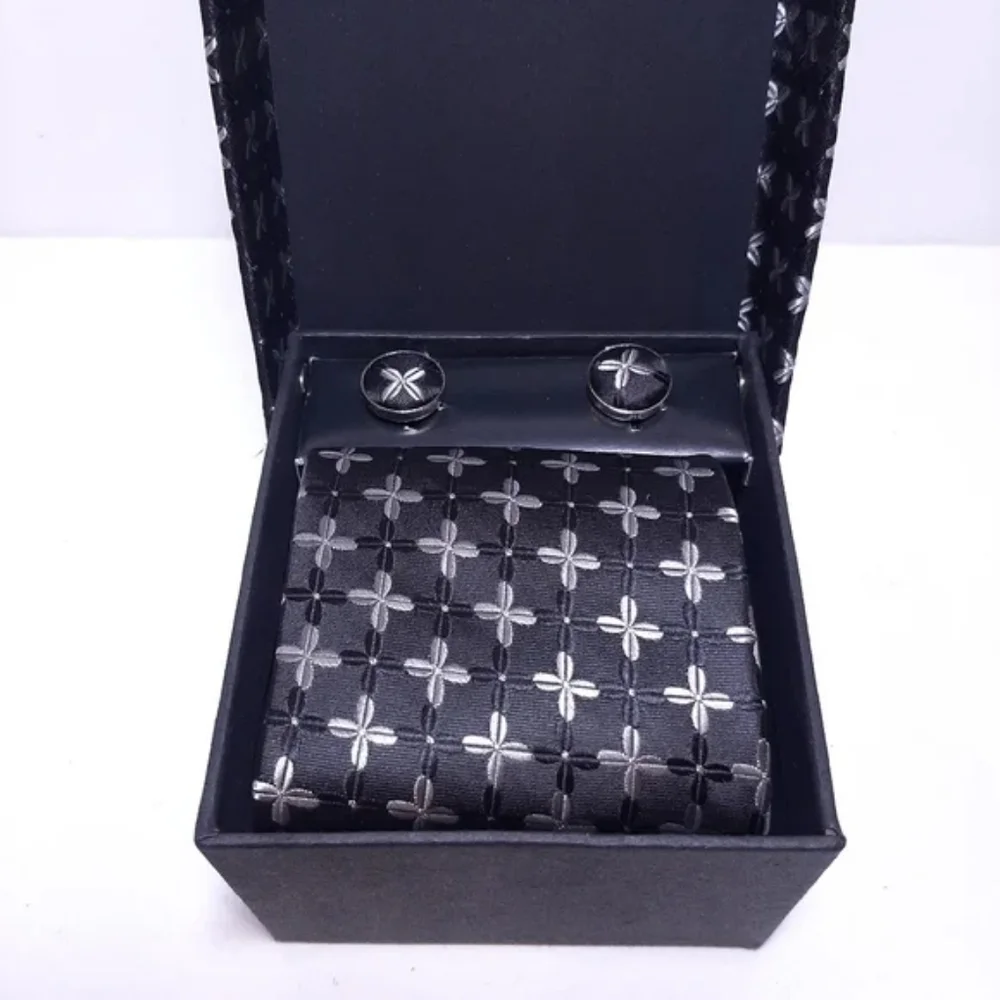 3Pc Boxed Gift Tie Set Coordinated Print Cuff Links Pocket Square
